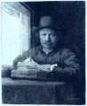 窓辺に肖像画を描く レンブラント